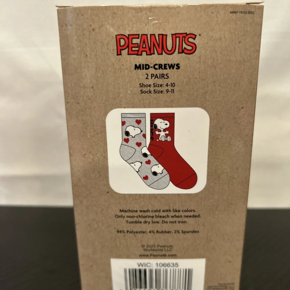 2 Prs You Are So Loved Peanuts‎ Snoopy Mid Crews Socks Shoe Sz 4-10 Gray Red